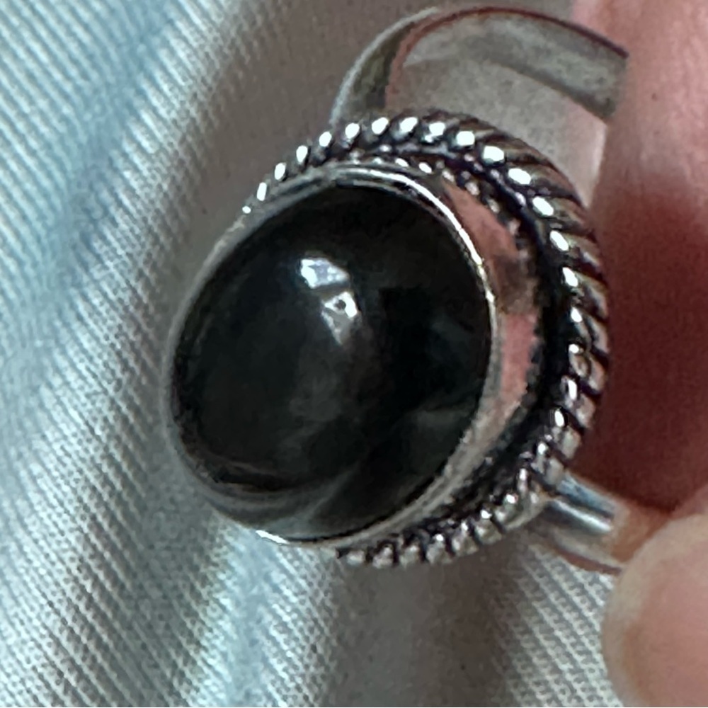 Hand Crafted Artisan BLACK AGATE Ring High Polished Silver Rope Bezel Cabochon